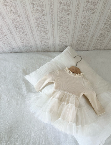 [MONBEBE]  Ribbed Tulle Bodysuit